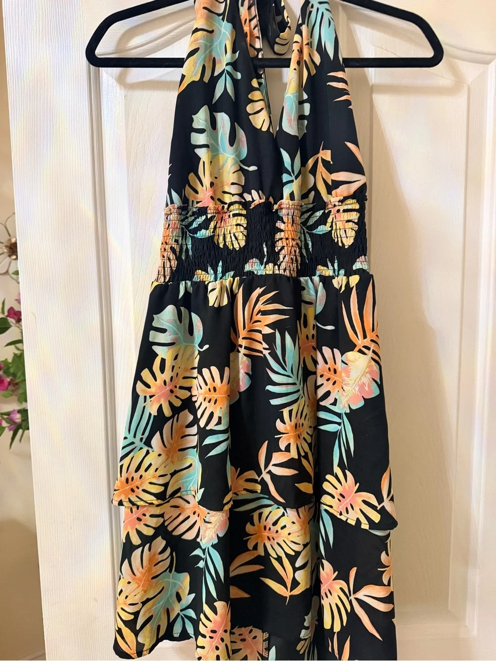 Women’s Tropical Halter Dress in Black, Peach, and Teal. Peacock Dress.